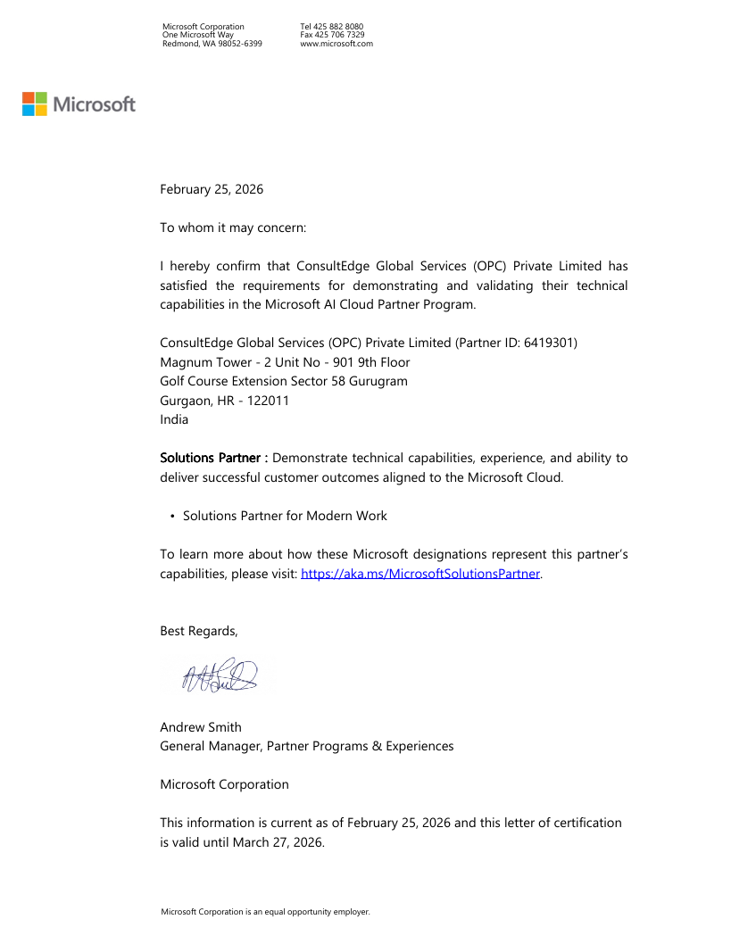 ConsultEdge Global Microsoft Solutions Partner for Modern Work Certificate and Badge