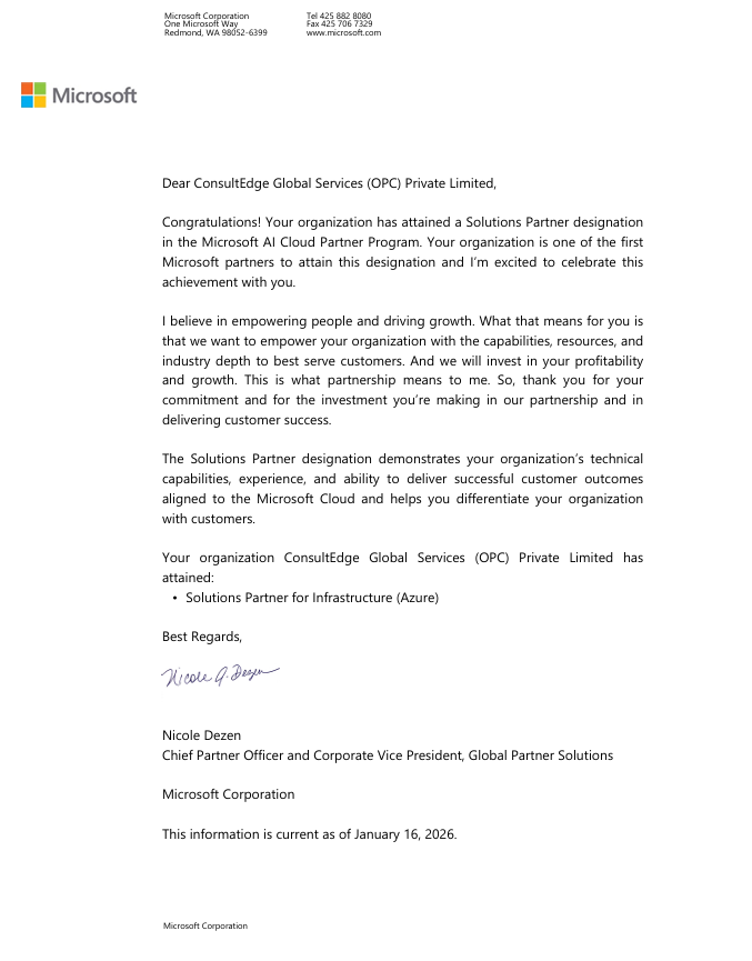 ConsultEdge Global Microsoft Solutions Partner for Azure Infrastructure Certificate and Badge